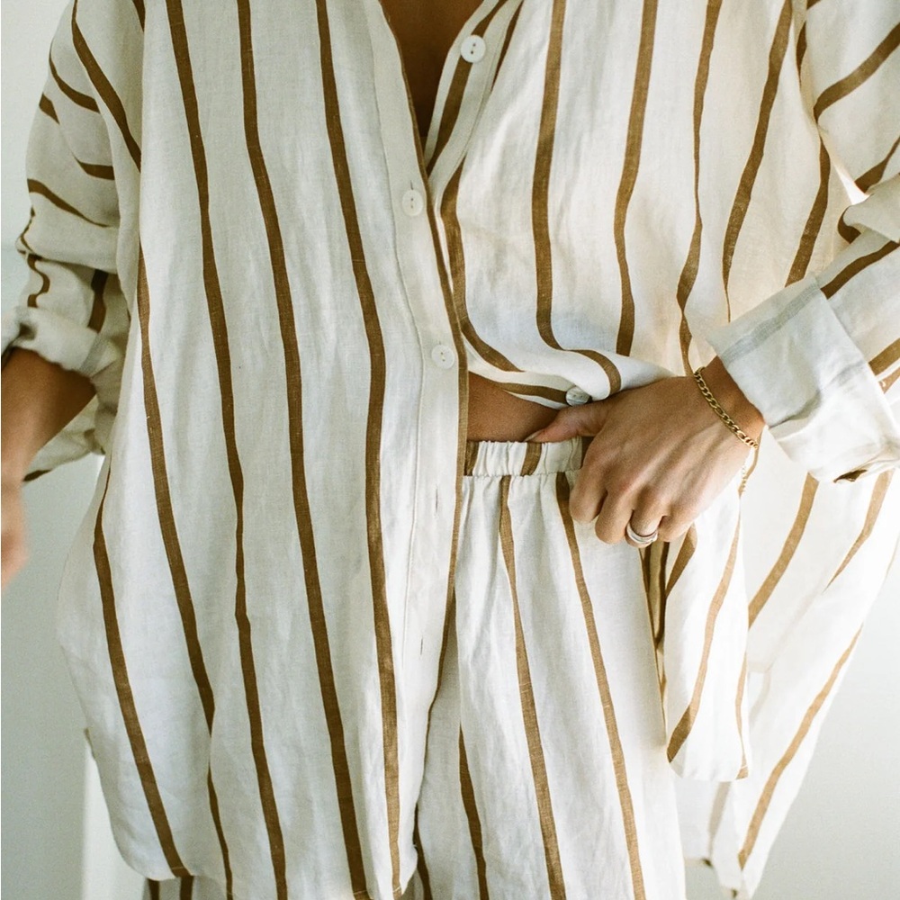 Elegant Striped Button Down Shirt - White and Brown
